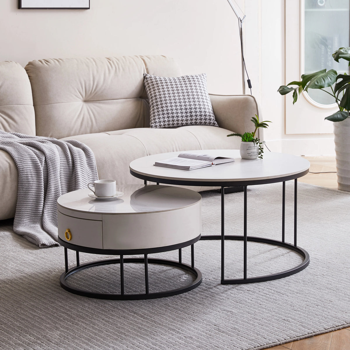 Black Nesting Coffee Table Set of 2 with Drawer, Sintered Stone Top Leather Wrapping Metal Frame S158722