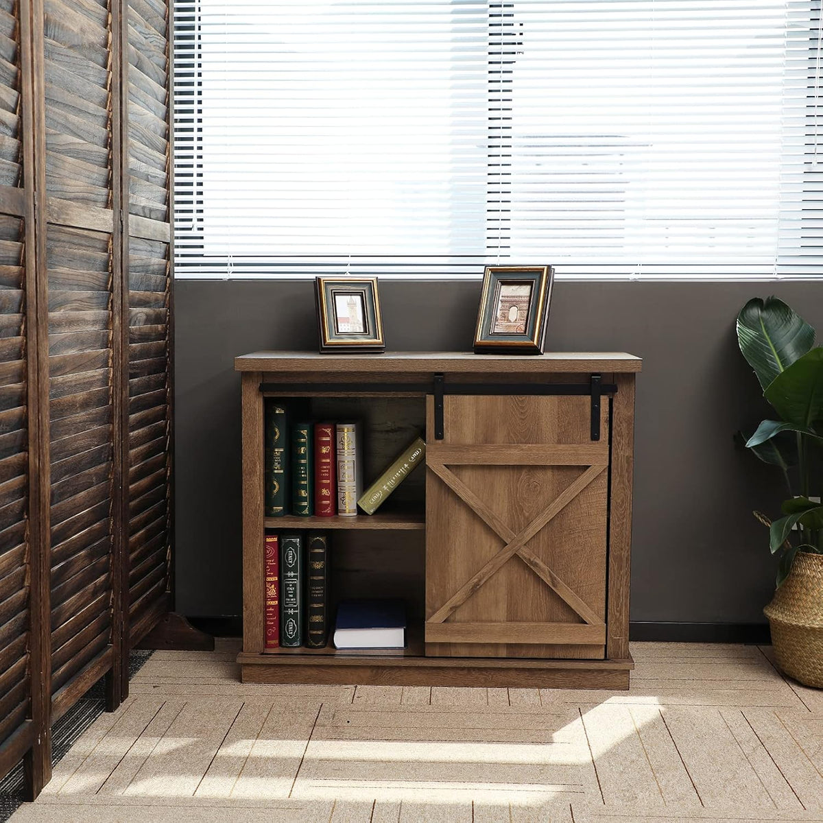 Farmhouse X Cabinet with Sliding Barn Door Storage Cabinet Coffee Table, 36 Wide Rustic Oak L3132