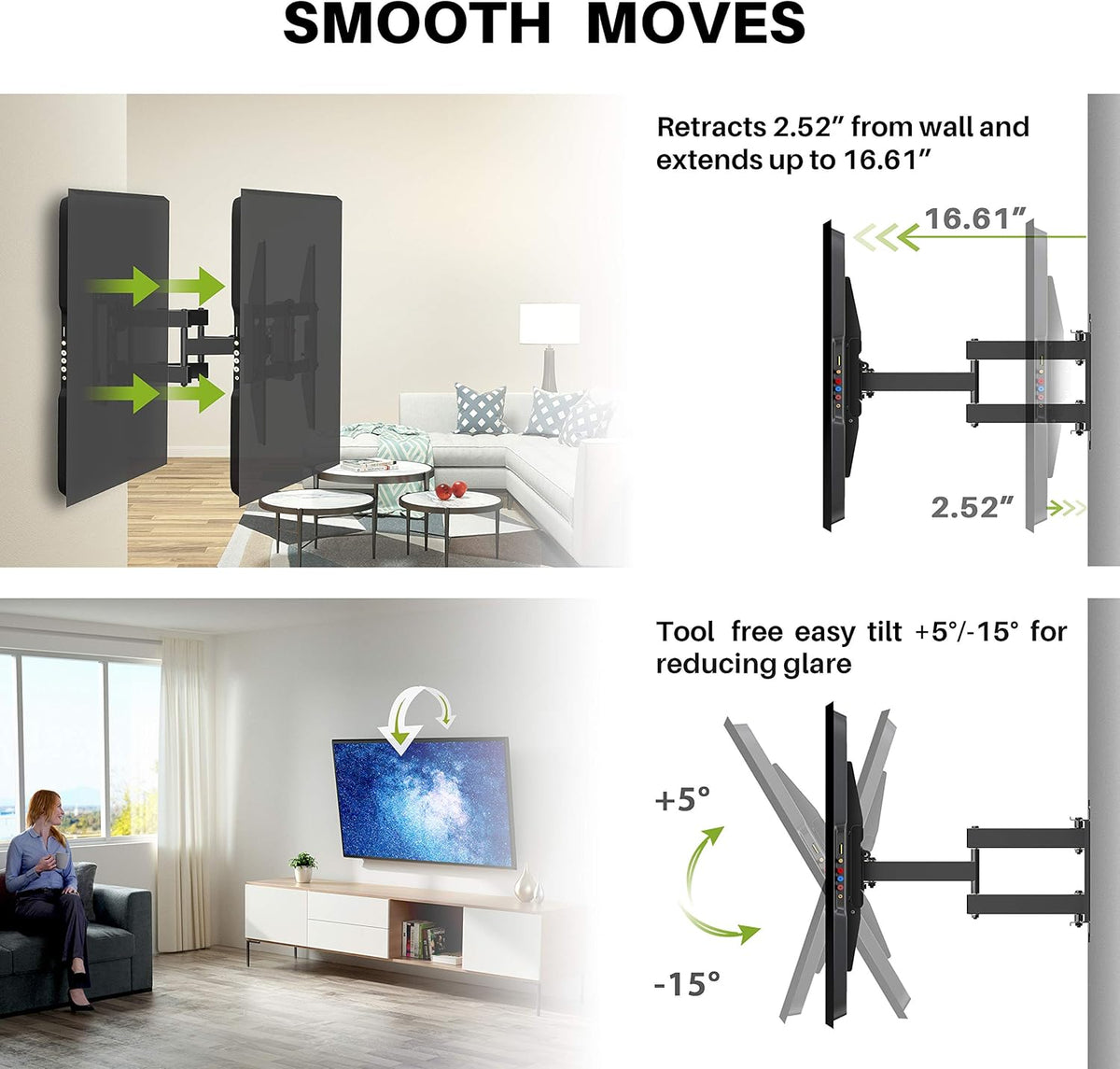Full Motion TV Wall Mount for 37-75 inch TV, Up to 132lbs, Dual Articulating Arms, Max VESA 600x400mm, Pack of 2 Z86905