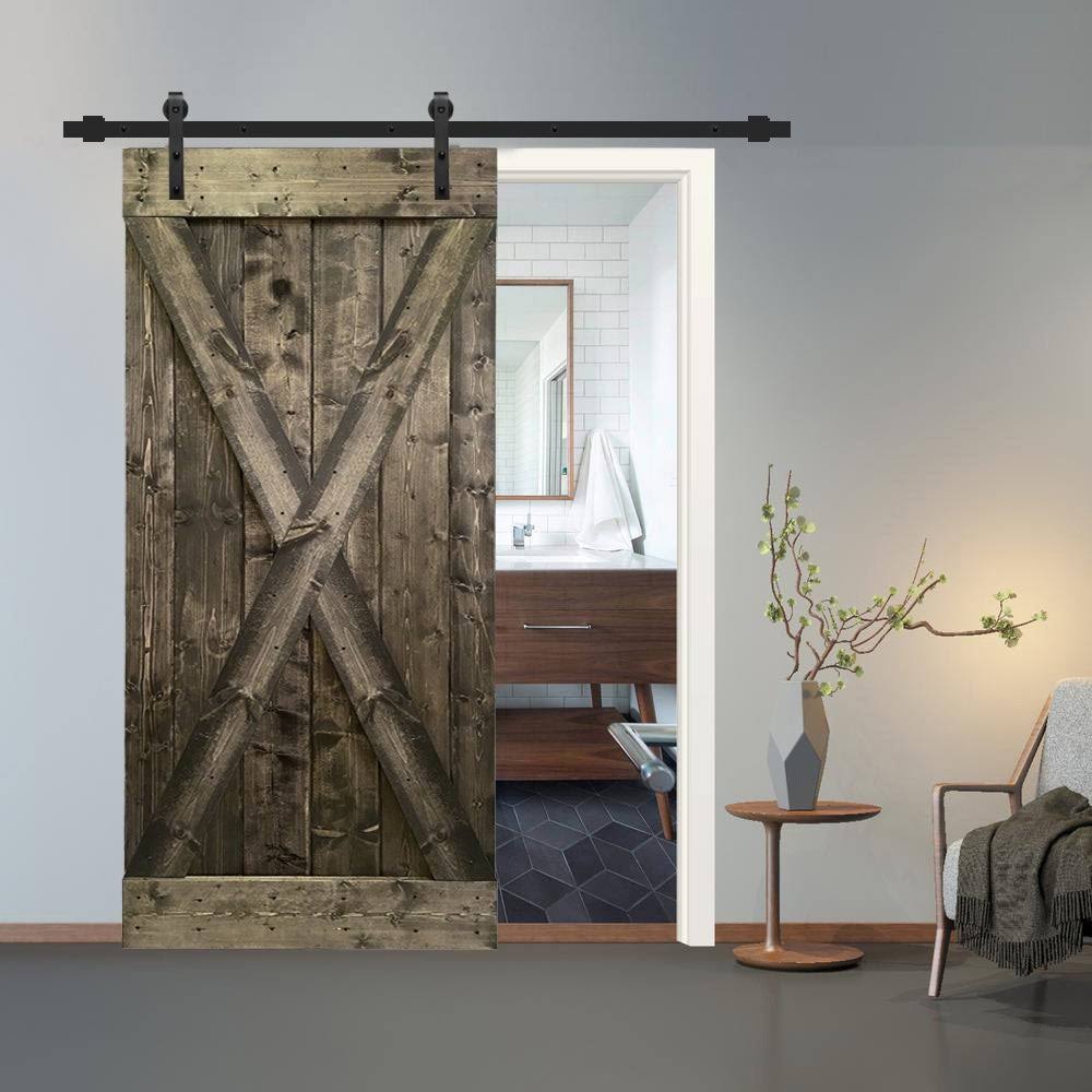 Espresso Stained Solid Knotty Pine Wood Interior Sliding Barn Door with Hardware Kit V779064