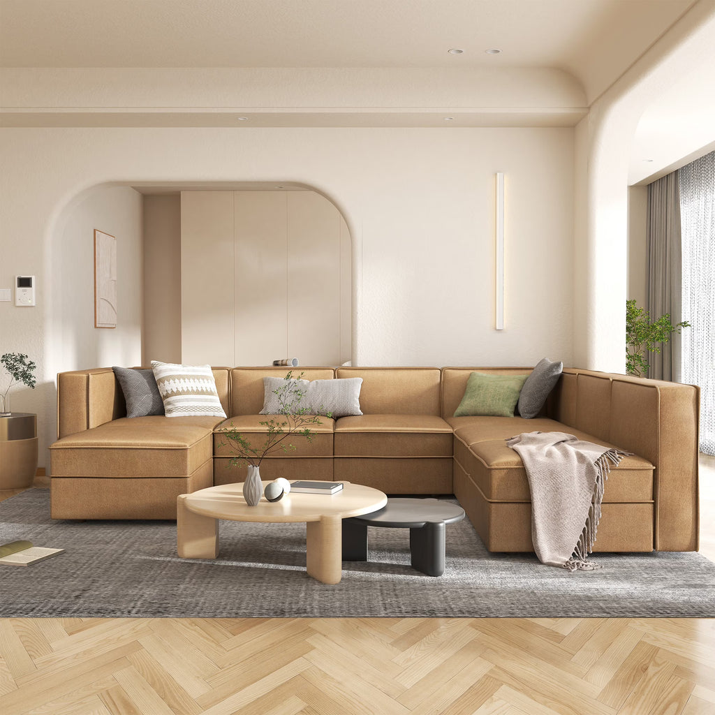 Caramel Brown U Shaped 7 Seaters Convertible Sectional Sofa Couch with Ottoman C14121