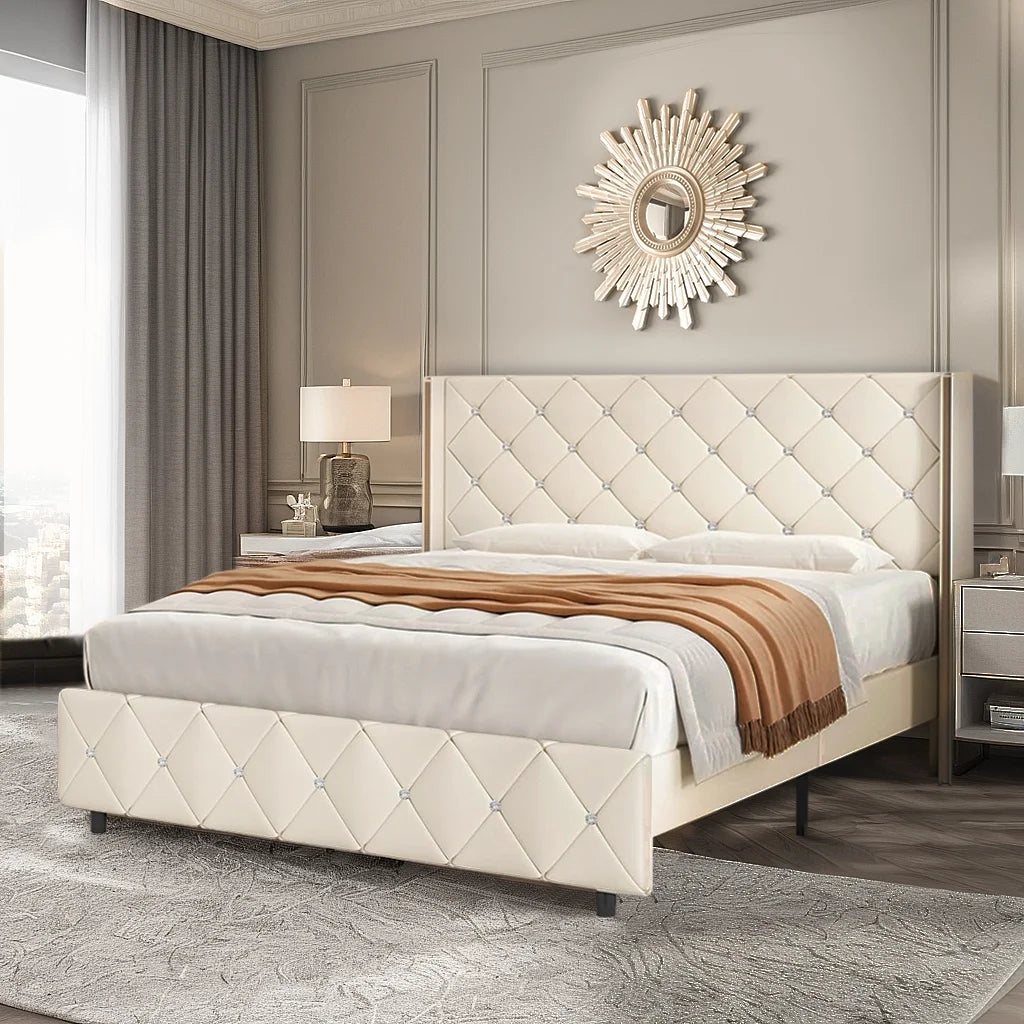 Queen Size Upholstered Platform Bed Frame with Wingback Headboard E75311