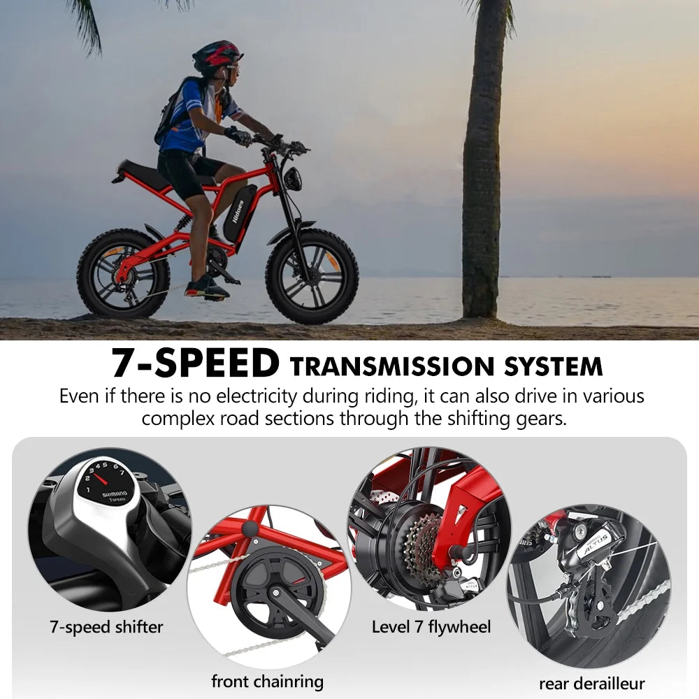 20 Fat Tire 1200W Electric Bike with Removable Battery Red O829