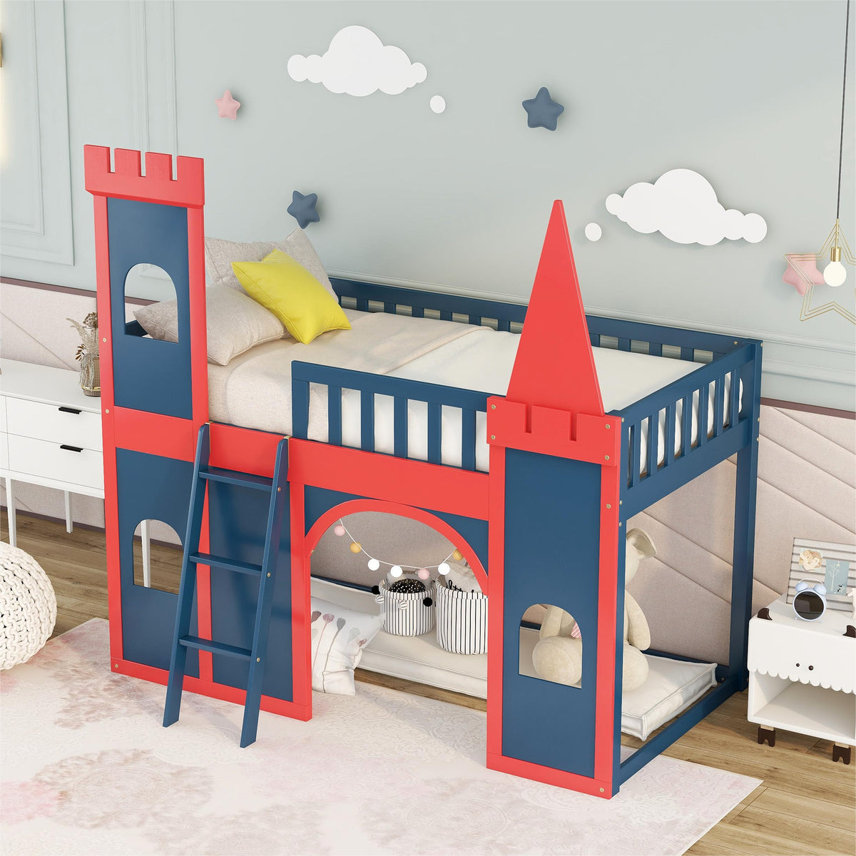 Red and Blue Twin Size Loft Bed with Ladder A11652
