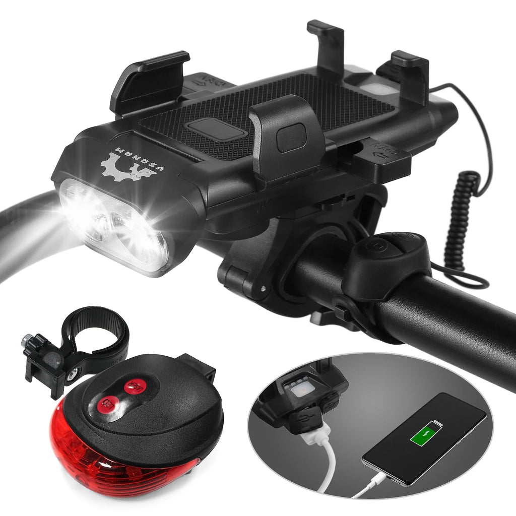 Front and Rear 4 in 1 USB Rechargeable Waterproof Headlight with Phone Holder Horn V421756