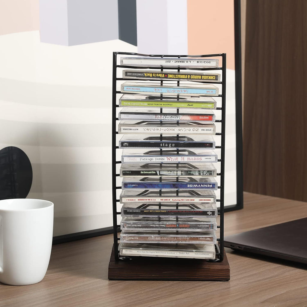 Matte Black Metal Wire Vertical CD Holder with Burnt Wood Base, Holds 15 Jewel Cases C2565