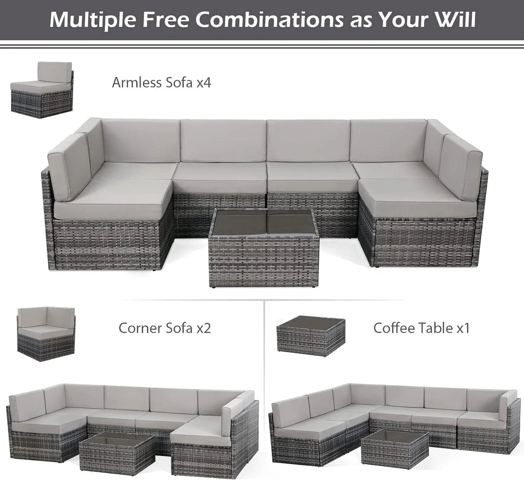 7-Piece PE Rattan Wicker Outdoor Sectional Sofa Set I378658
