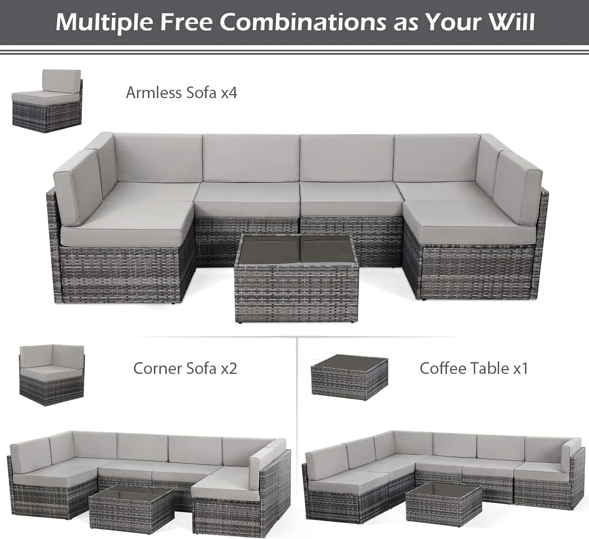 7-Piece PE Rattan Wicker Outdoor Sectional Sofa Set I378658