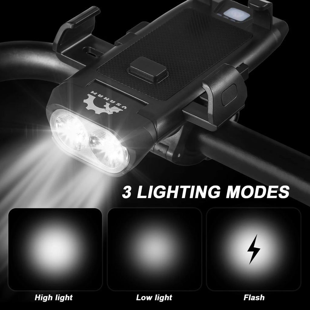 Front and Rear 4 in 1 USB Rechargeable Waterproof Headlight with Phone Holder Horn V421756