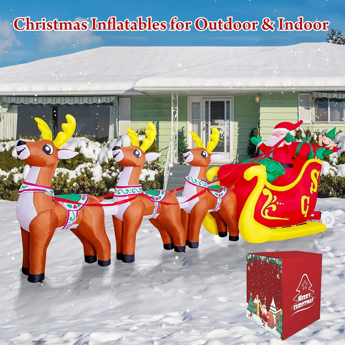 12 FT LED Lighted Santa on Sleigh with Reindeers and Gift Boxes Inflatable Decoration V8587