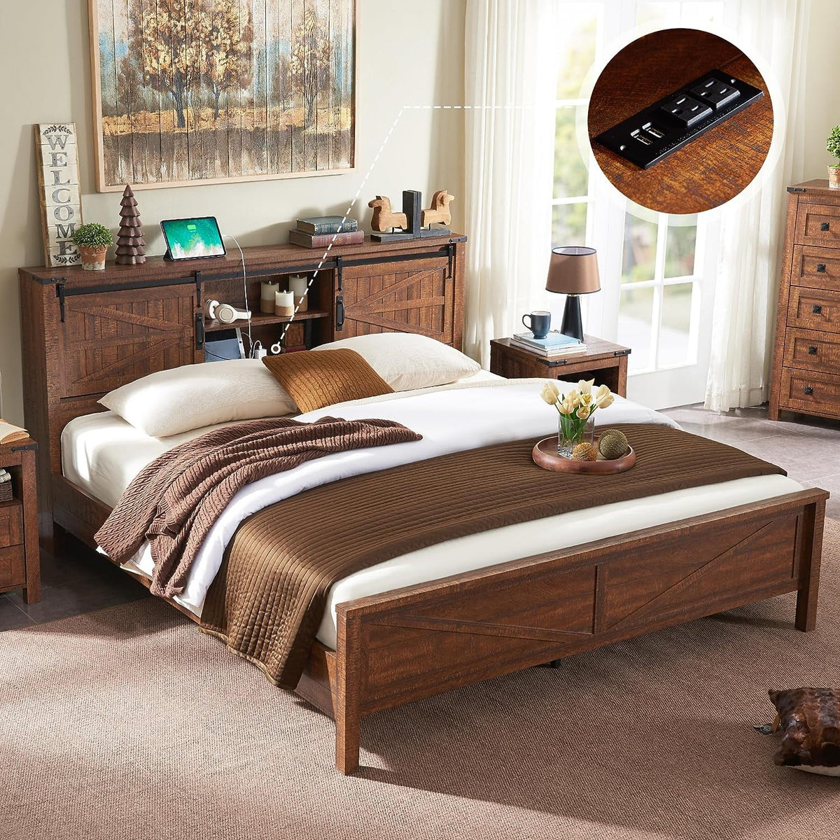 Full Platform Bed with Bookcase Headboard and Charging Station Y857315