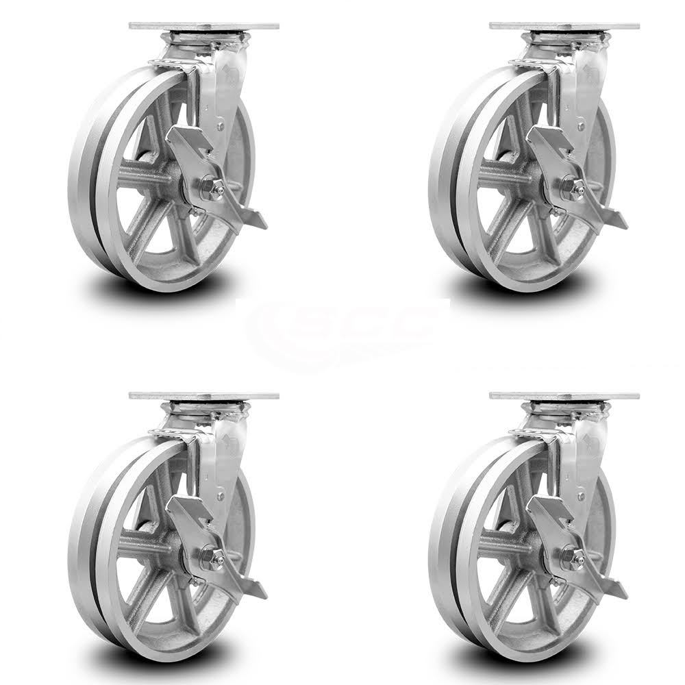 8 inch x 2 inch V Groove Semi Steel Swivel Casters with Brakes Set of 4 G3490