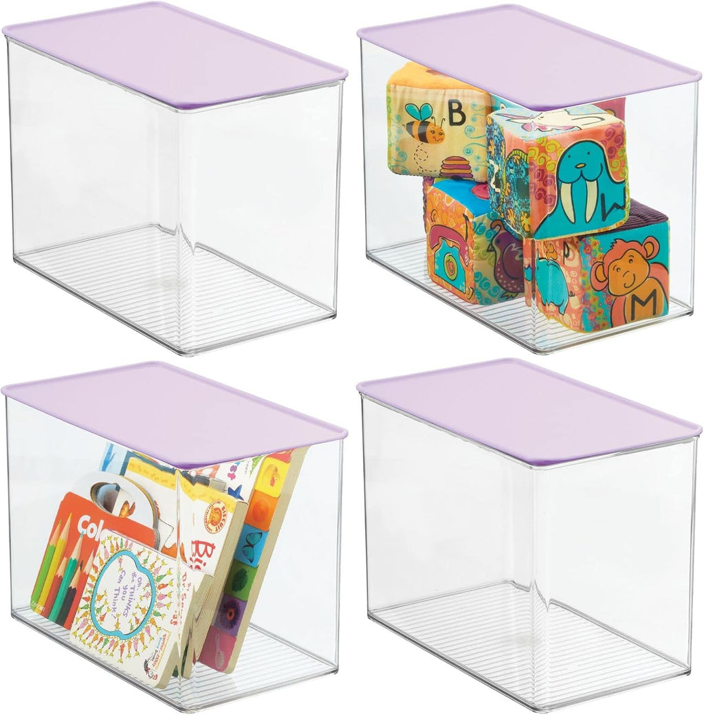 Clear/Light Purple Stackable Plastic Storage Bin Box with Attached Lid, 4 Pack I8106
