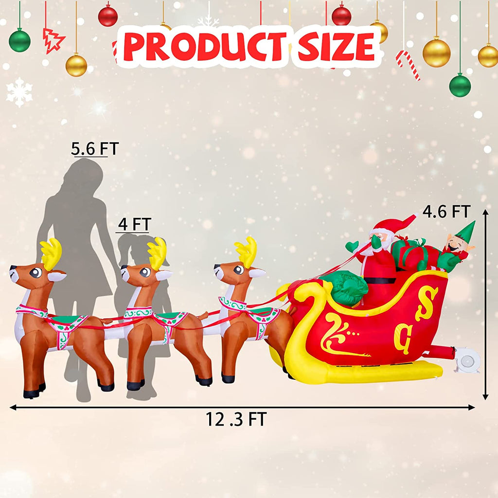 12 FT LED Lighted Santa on Sleigh with Reindeers and Gift Boxes Inflatable Decoration V8587