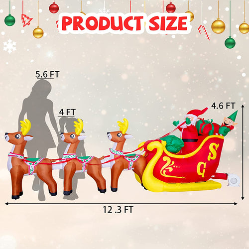 12 FT LED Lighted Santa on Sleigh with Reindeers and Gift Boxes Inflatable Decoration V8587