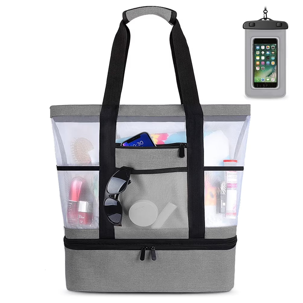 Gray Mesh Beach Tote with Zipper and Detachable Cooler Q198294