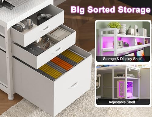 White 64" L Shaped Gaming Desk with Hutch, Drawers, Storage Shelves, Monitor Stand and LED Light T64579