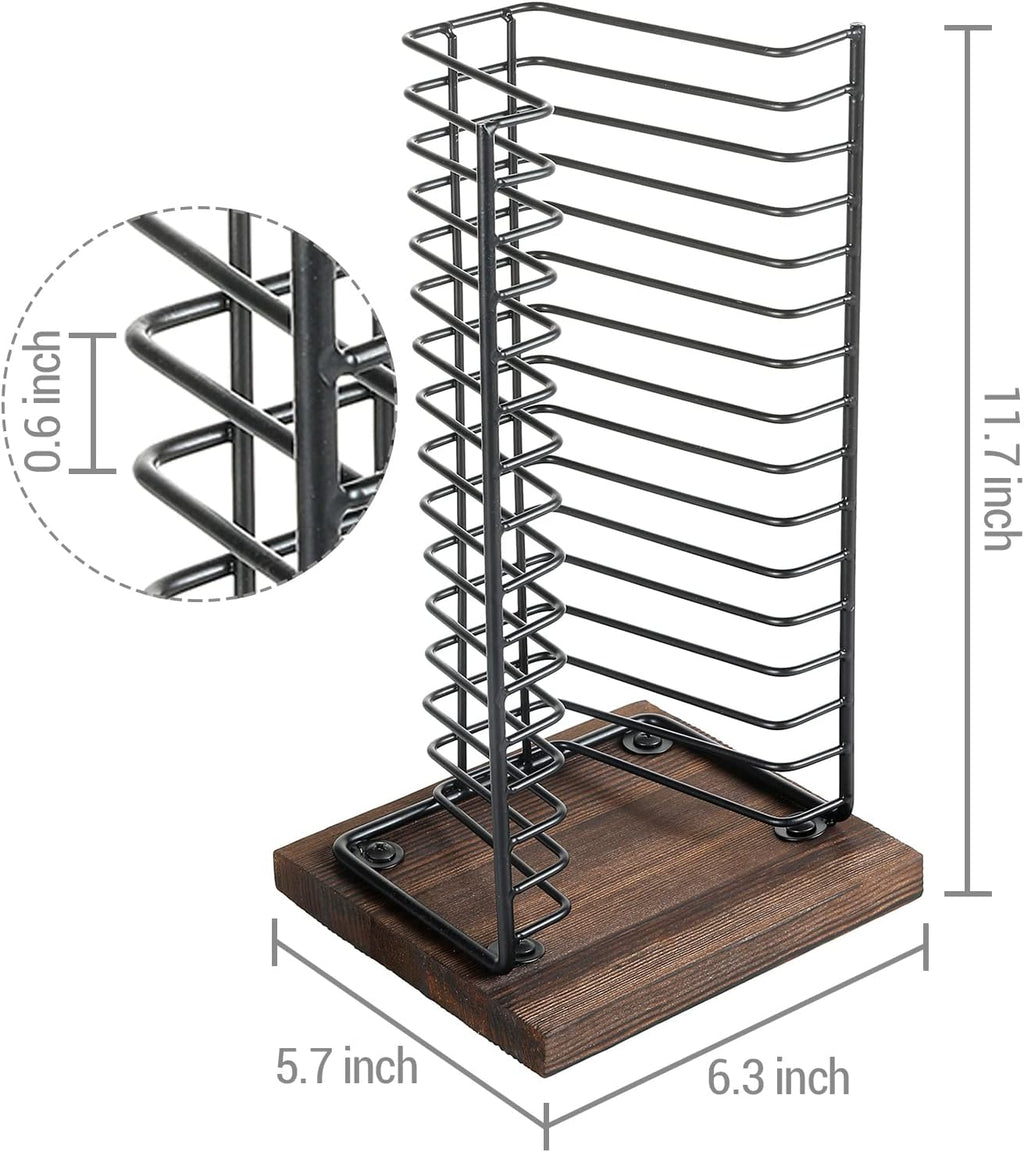 Matte Black Metal Wire Vertical CD Holder with Burnt Wood Base, Holds 15 Jewel Cases C2565