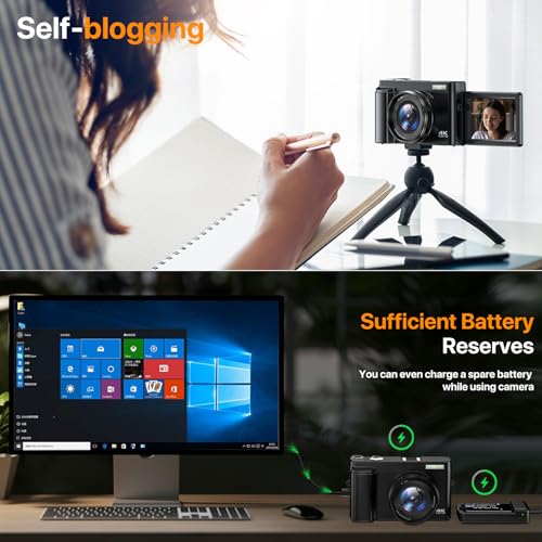 4K Digital Camera with 3'' 180° Flip Screen 16X Anti-Shake Compact Cameras with SD Card, Flash, 2 Batteries & Battery Charger S29287