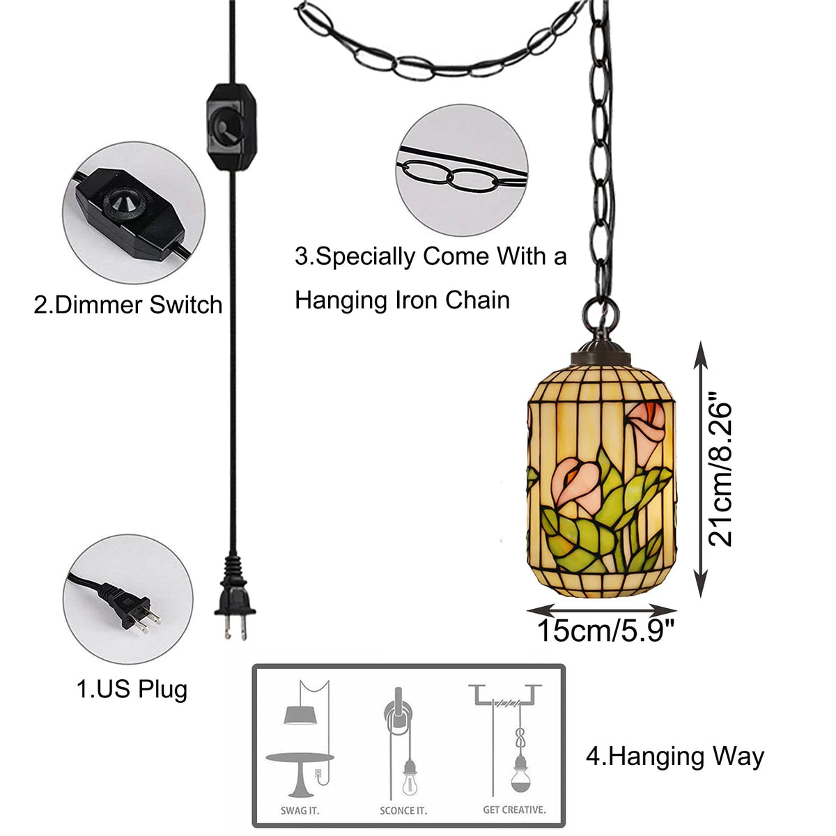Tiffany Stained Glass Plug-in Pendant Hanging Light with 15FT Power Cord G26250