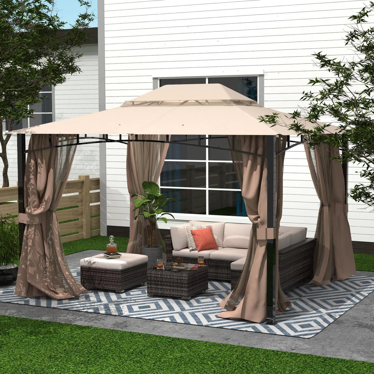 Sand Double Roof Patio Gazebo with Mosquito Netting X2704