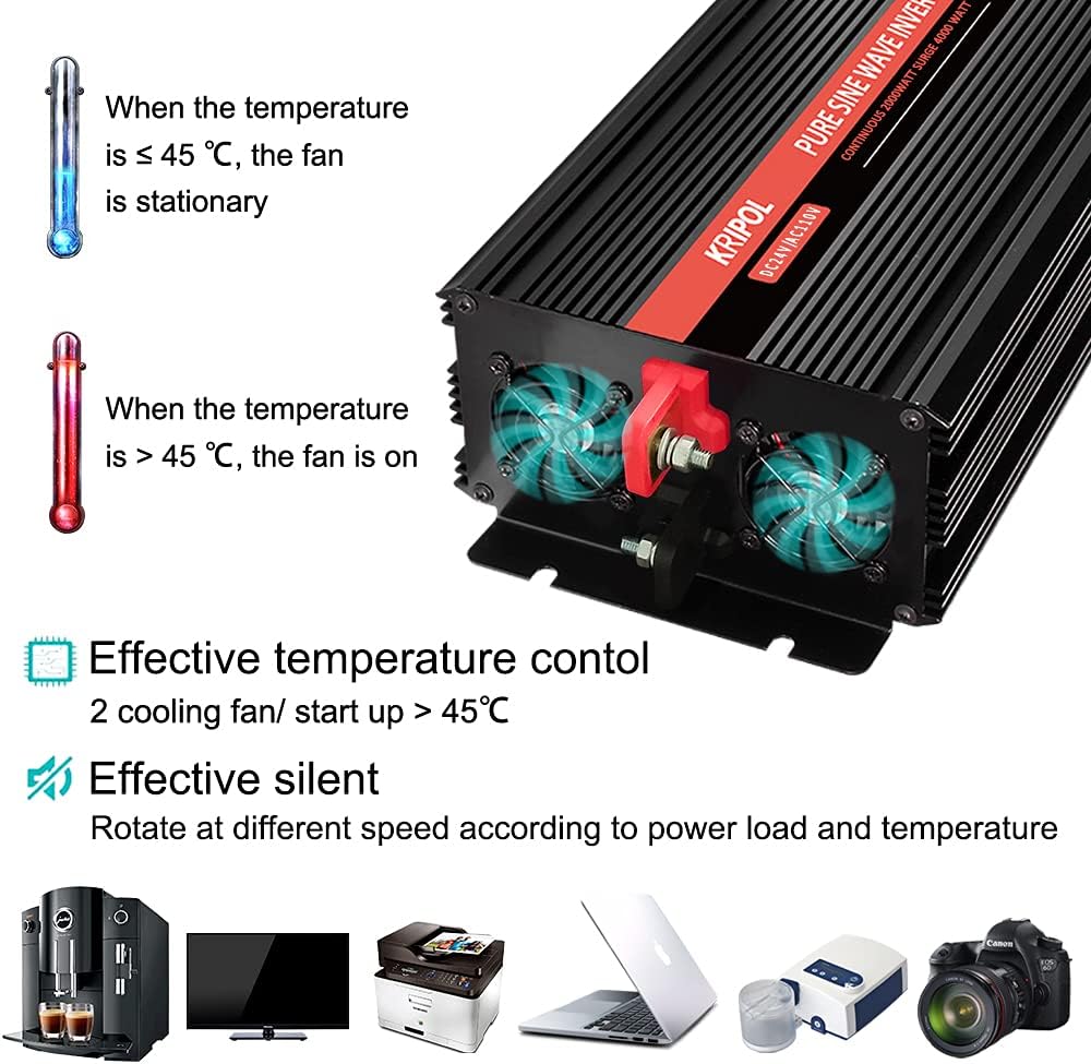 1500 Watt Pure Sine Wave Power Inverter 24v DC to 110/120v AC 60HZ with 4 AC and 1 USB Output D190368