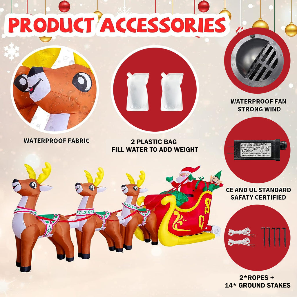 12 FT LED Lighted Santa on Sleigh with Reindeers and Gift Boxes Inflatable Decoration V8587