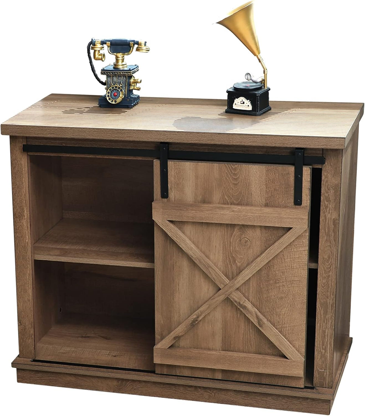 Farmhouse X Cabinet with Sliding Barn Door Storage Cabinet Coffee Table, 36 Wide Rustic Oak L3132
