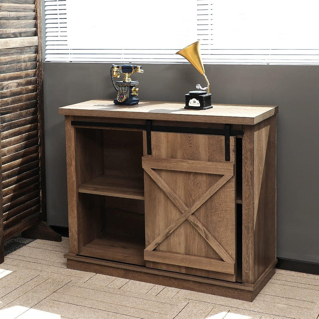 Farmhouse X Cabinet with Sliding Barn Door Storage Cabinet Coffee Table, 36 Wide Rustic Oak L3132