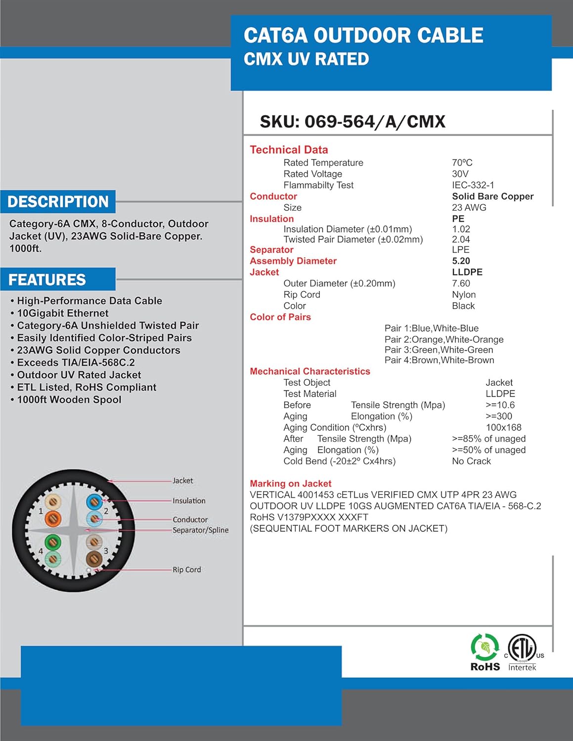 CAT6A Outdoor Bulk Cable 1,000ft. Black D8114