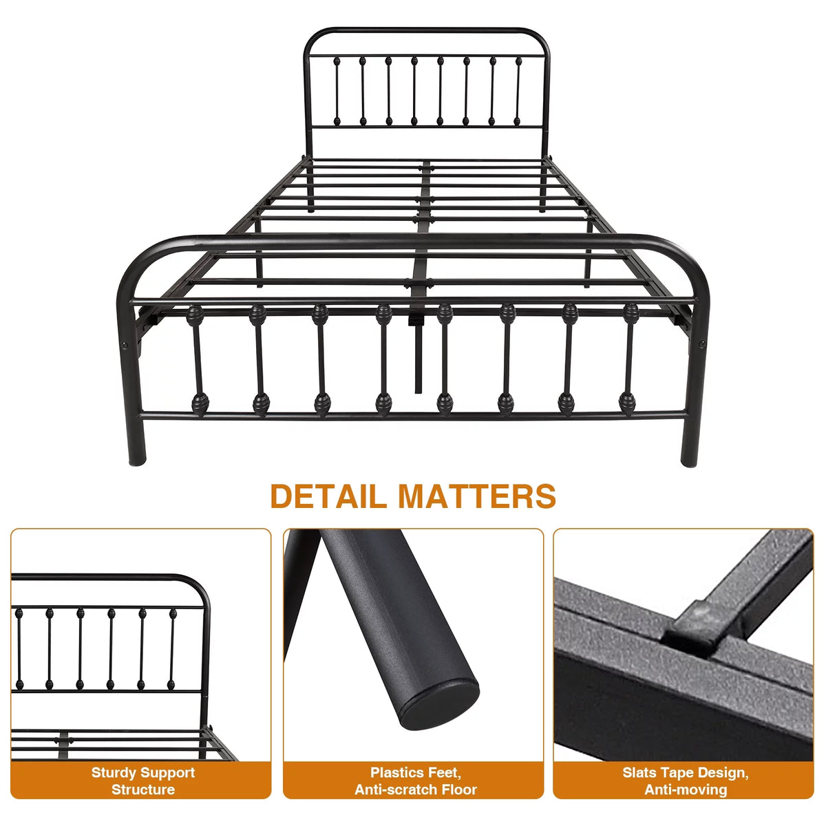 Queen Size Black Iron Bed with Headboard and Footboard I78241