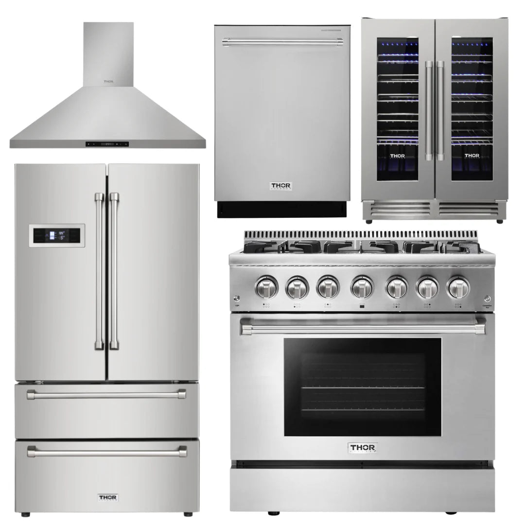 36 in. Propane Gas Range, Range Hood, Refrigerator, Dishwasher, Wine Cooler B51084
