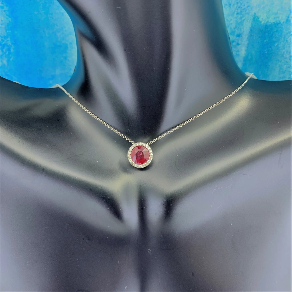 14K White Gold Necklace with Round Red Ruby and White Diamonds C267