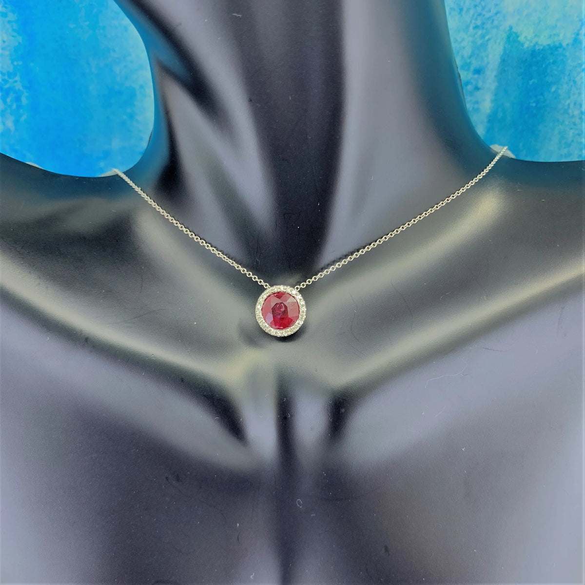 14K White Gold Necklace with Round Red Ruby and White Diamonds C267