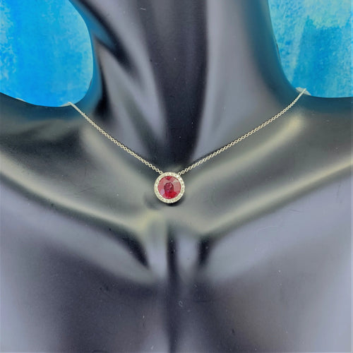 14K White Gold Necklace with Round Red Ruby and White Diamonds C267