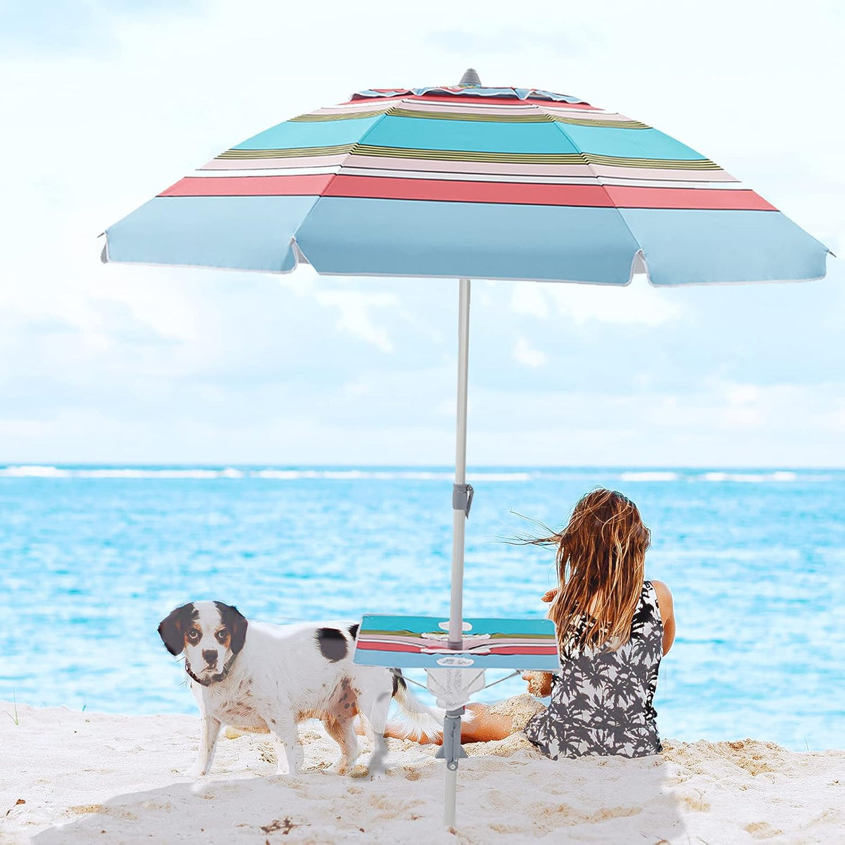 7.5FT Beach Umbrella with Table and Carry Bag T555950