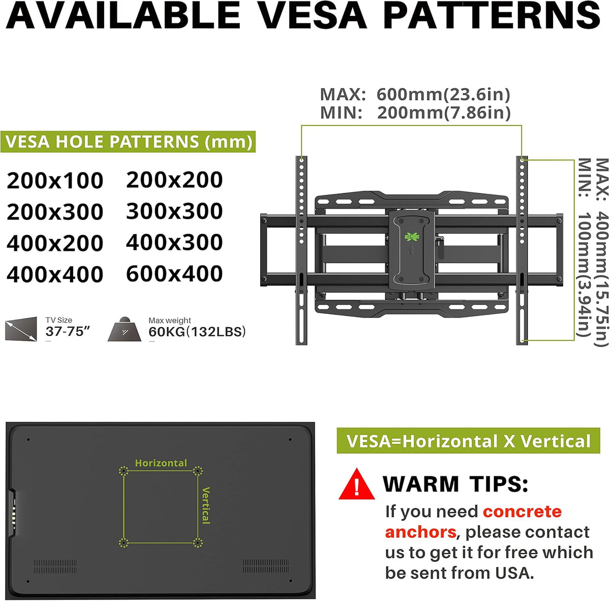 Full Motion TV Wall Mount for 37-75 inch TV, Up to 132lbs, Dual Articulating Arms, Max VESA 600x400mm, Pack of 2 Z86905