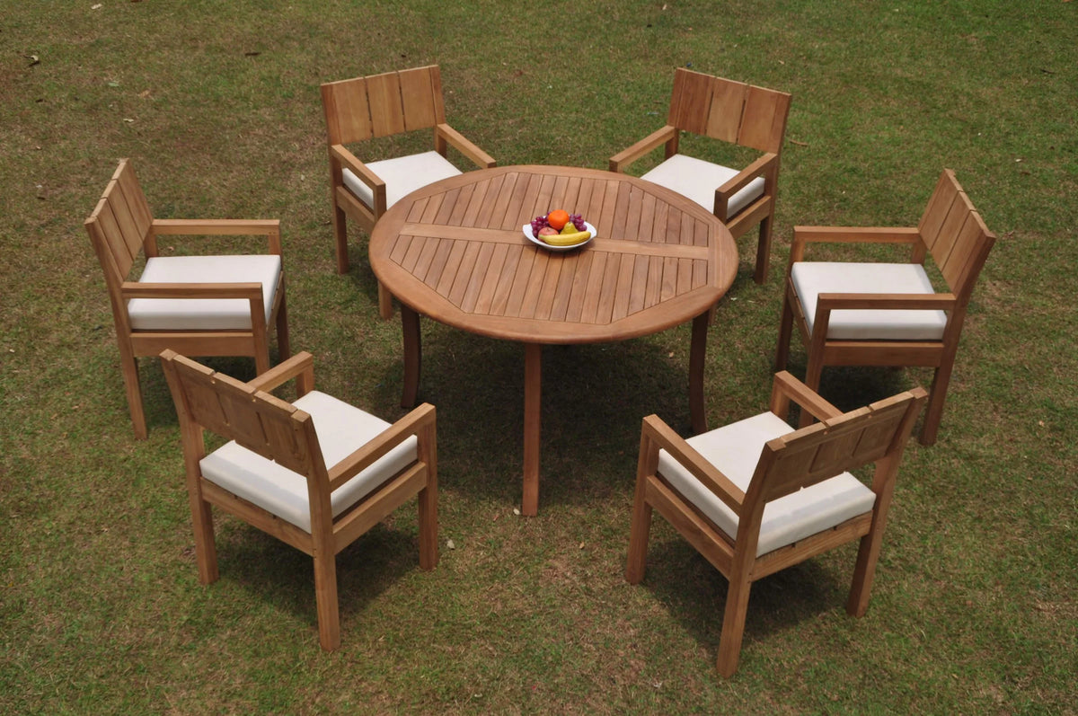 Grade-A Teak 7 Pc Dining Set with 52" Round Table and 6 Arm Chairs C79179
