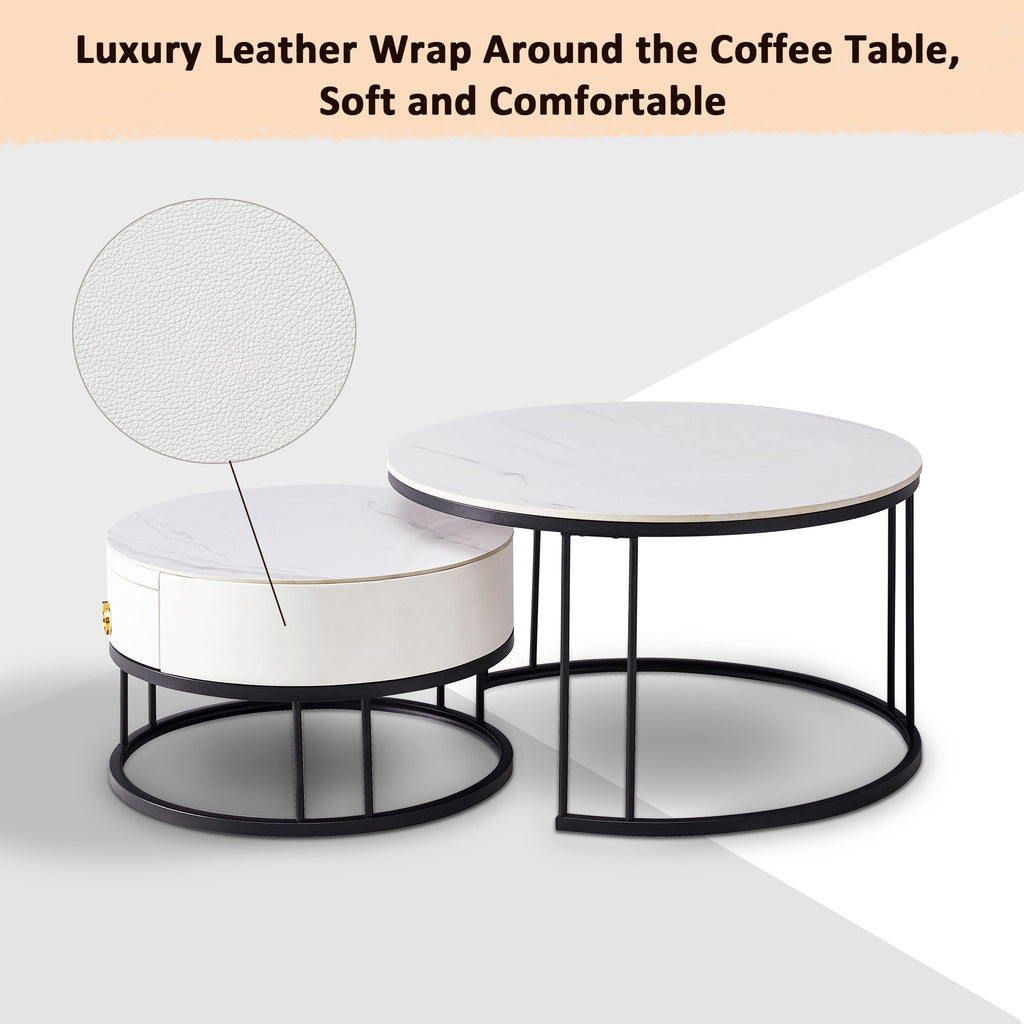 Black Nesting Coffee Table Set of 2 with Drawer, Sintered Stone Top Leather Wrapping Metal Frame S158722