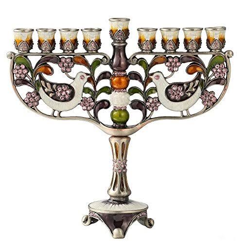 Hand Painted Enamel Menorah Candelabra with Gold Accents and Crystals A99782