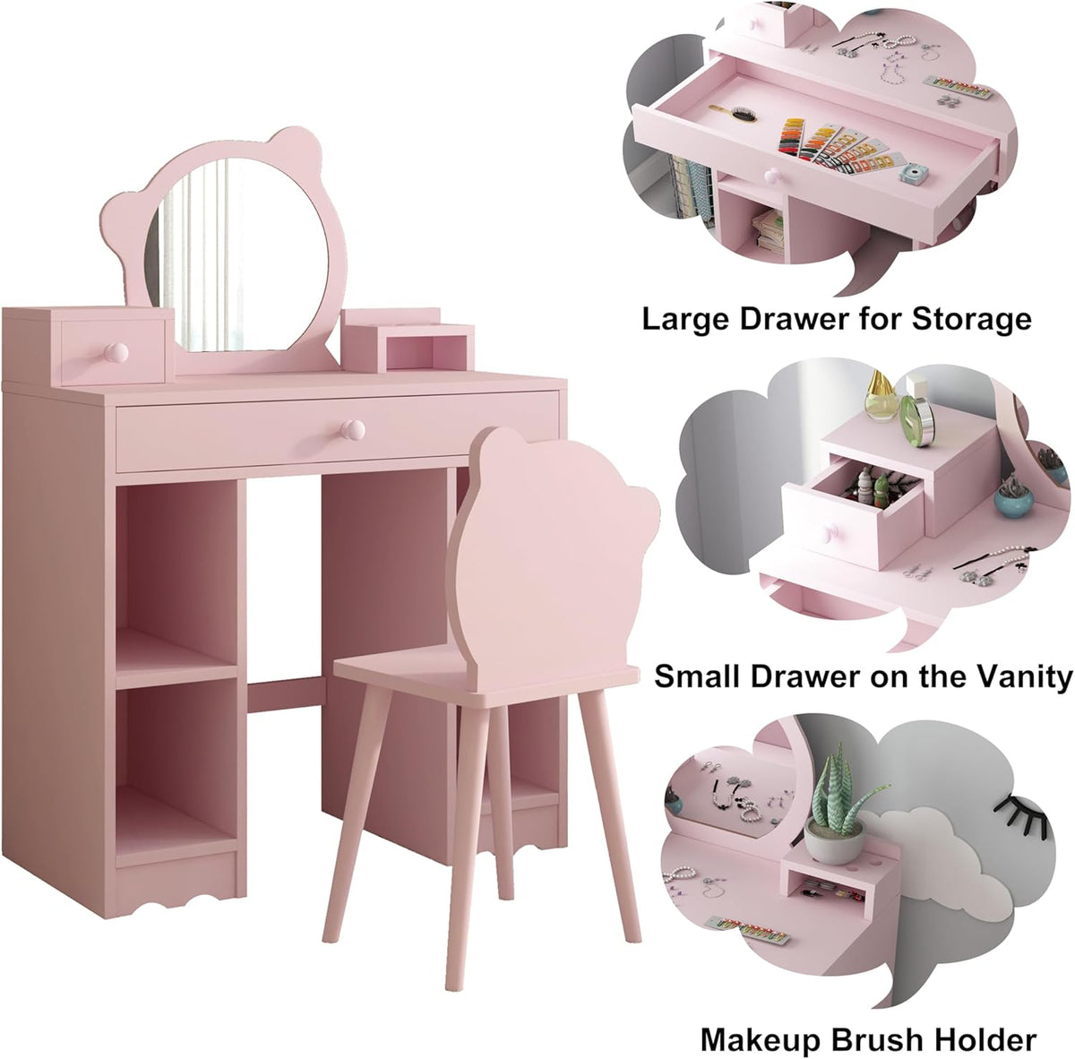 Pink Wooden Kids Vanity Set with Mirror and Stool U850097