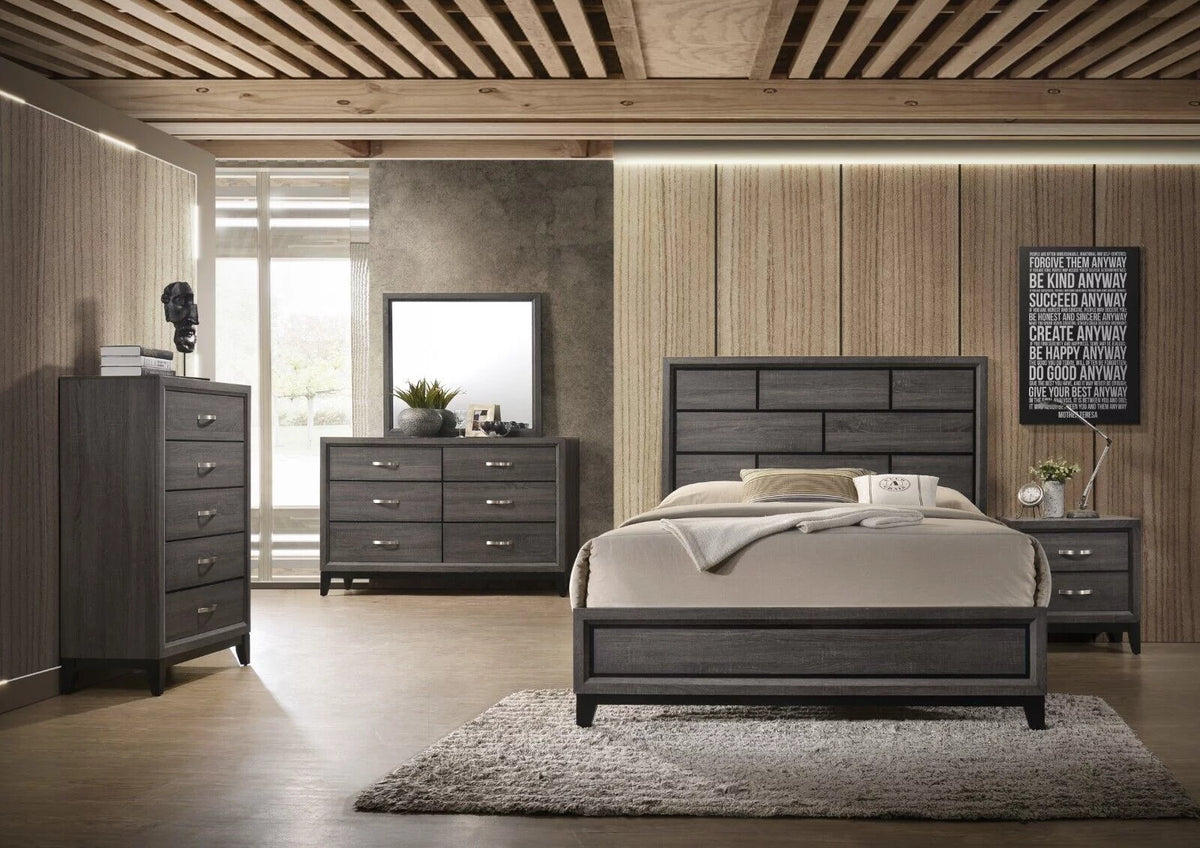 6pc King Size Panel Bed Dresser Mirror Chest Nightstands Bedroom Furniture Set Gray J80575