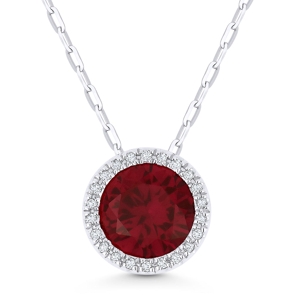 14K White Gold Necklace with Round Red Ruby and White Diamonds C267