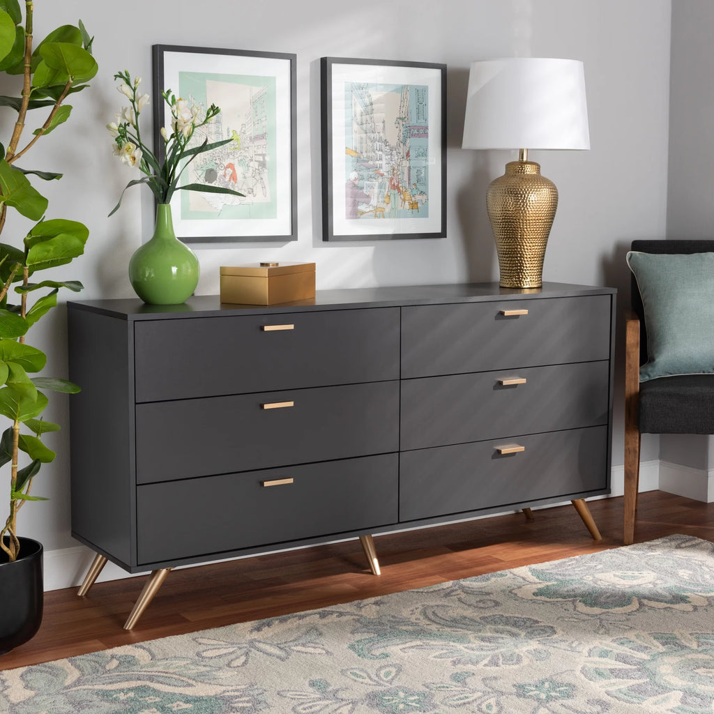 Dark Grey Gold Wood 6-Drawer Dresser S18159