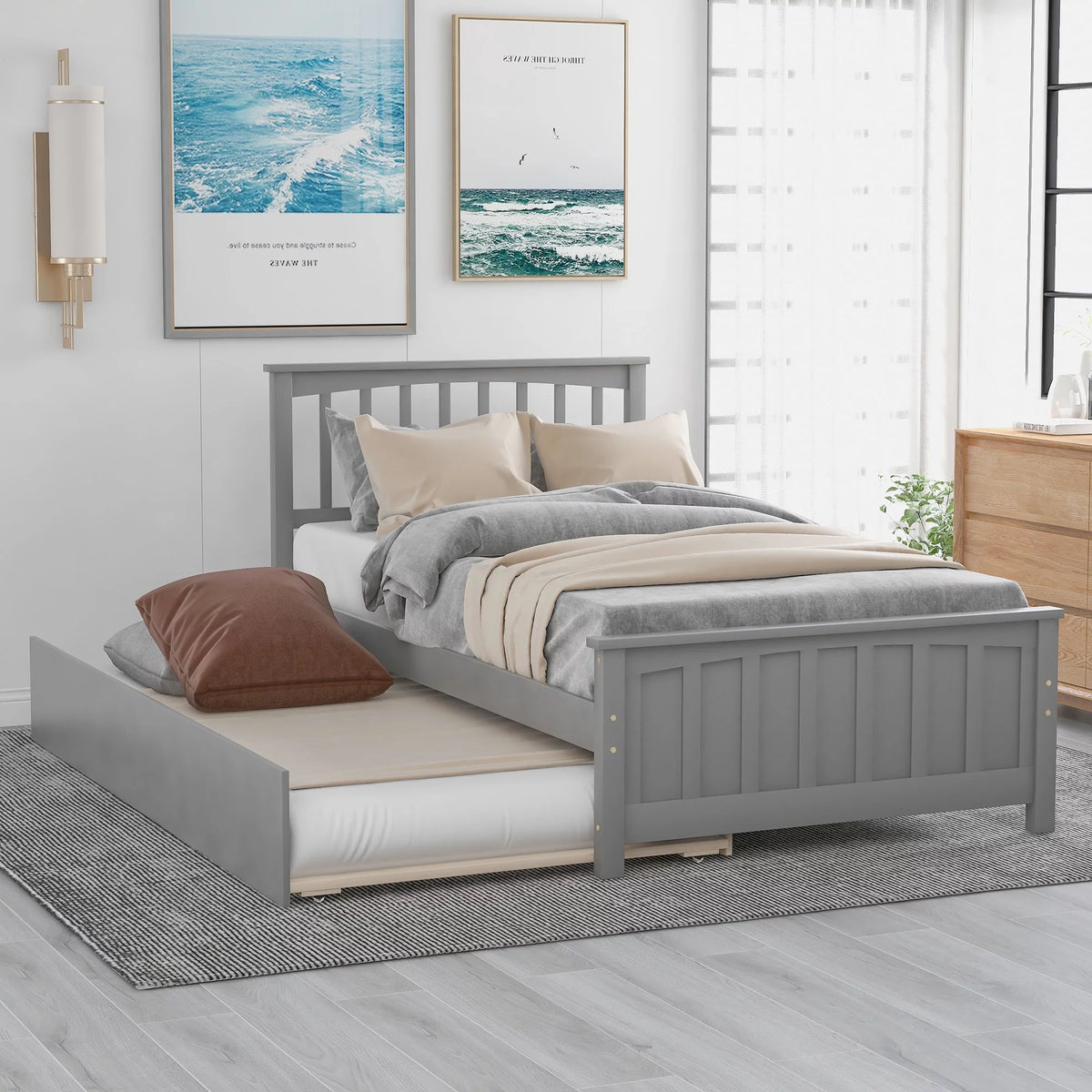 Gray Twin Size Platform Bed with Roll-Out Trundle I10996
