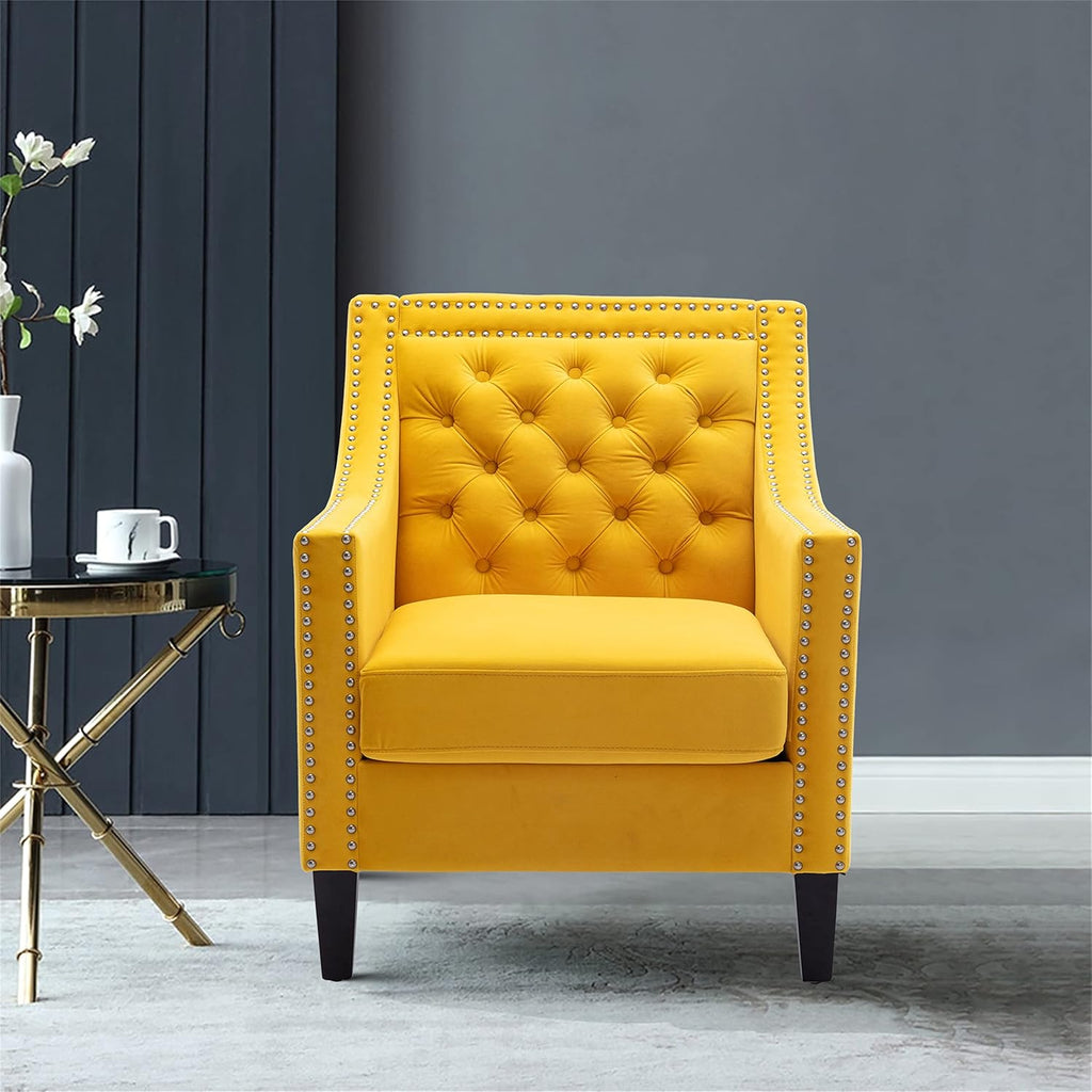 Yellow Velvet Accent Chairs with Wood Legs U158