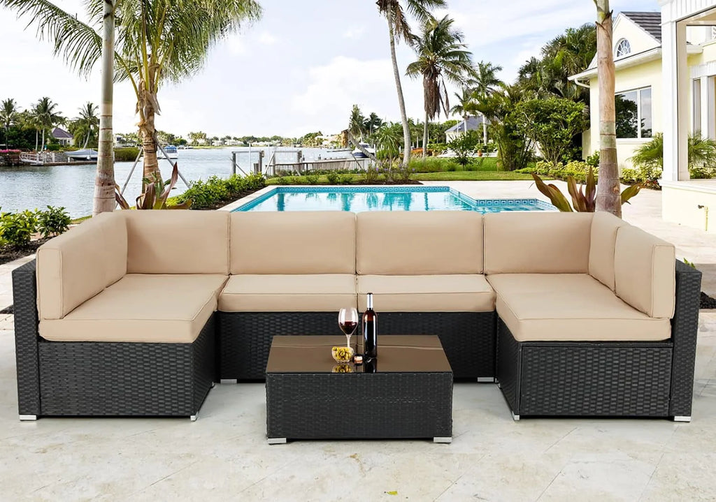 7-Piece PE Rattan Wicker Outdoor Sectional Sofa Set I378658