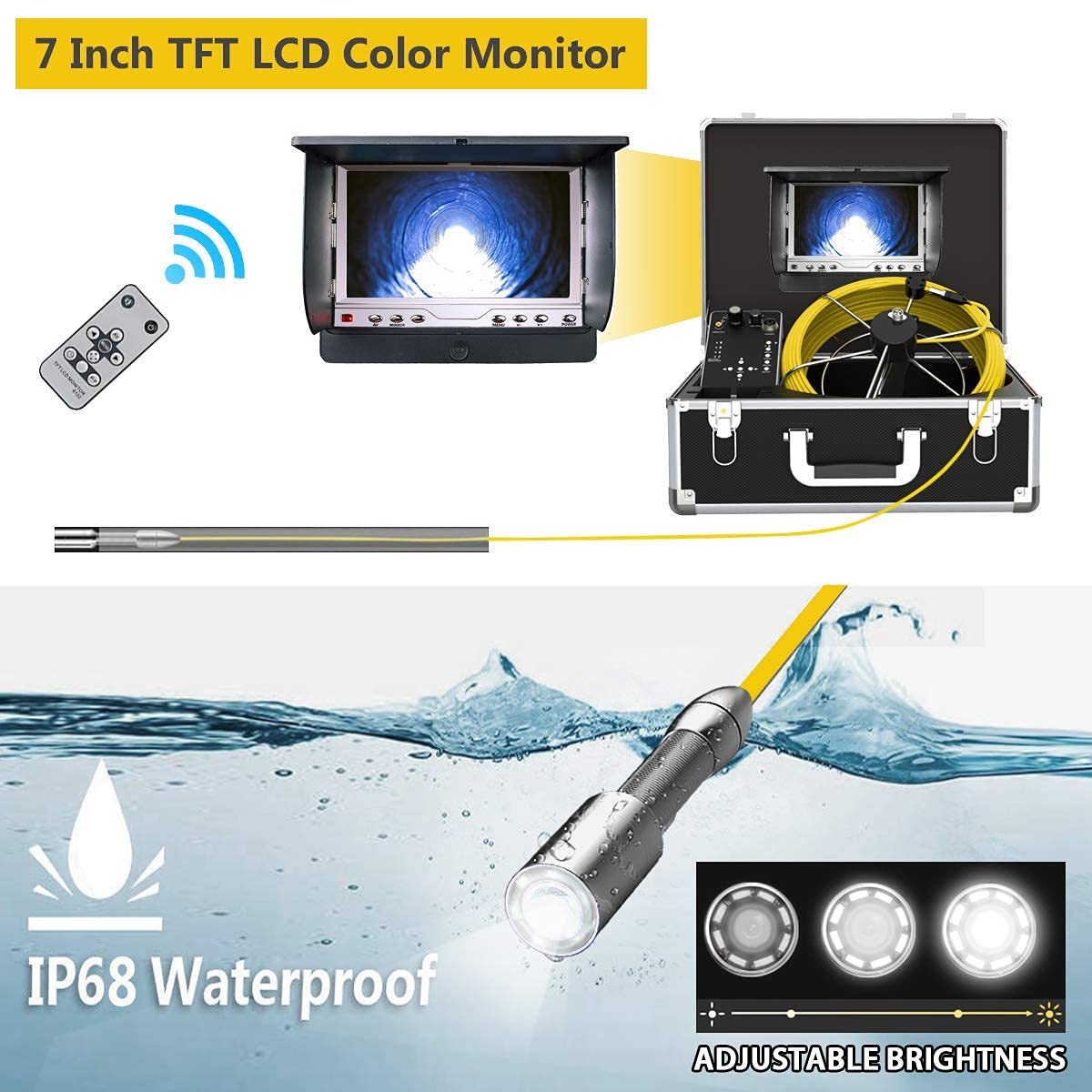 Sewer Camera with Locator, 165ft Inspection Camera with 512Hz Sonde Transmitter and Receiver, DVR and 7 LCD Monitor IP68 Waterproof Pipe Inspection Camera M50248