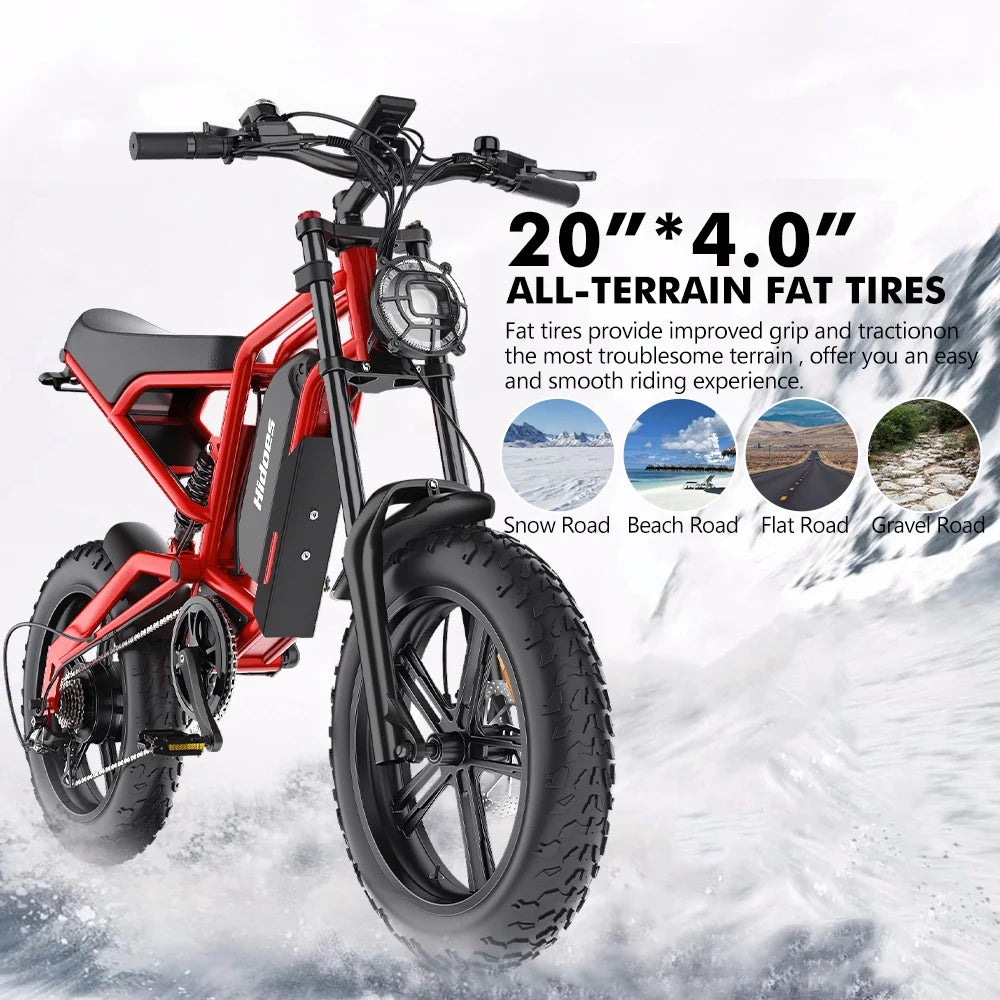 20 Fat Tire 1200W Electric Bike with Removable Battery Red O829