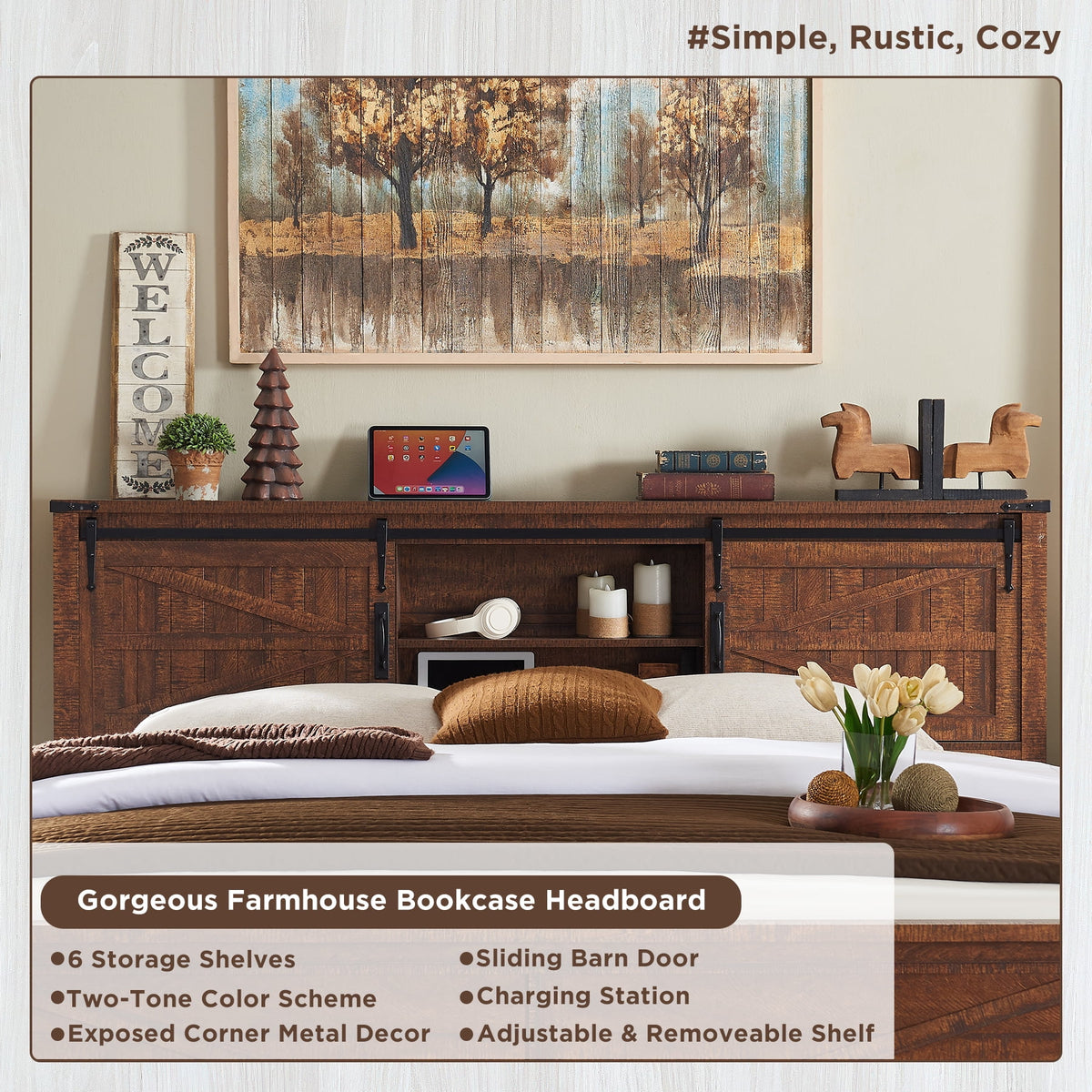 Full Platform Bed with Bookcase Headboard and Charging Station Y857315
